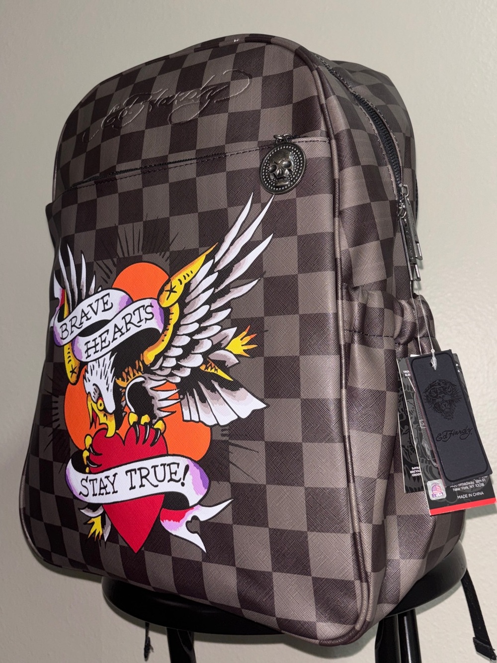 Ed Hardy Brave Hearts Stay True Checkered Backpack NWT Unisex Y2K Tattoo